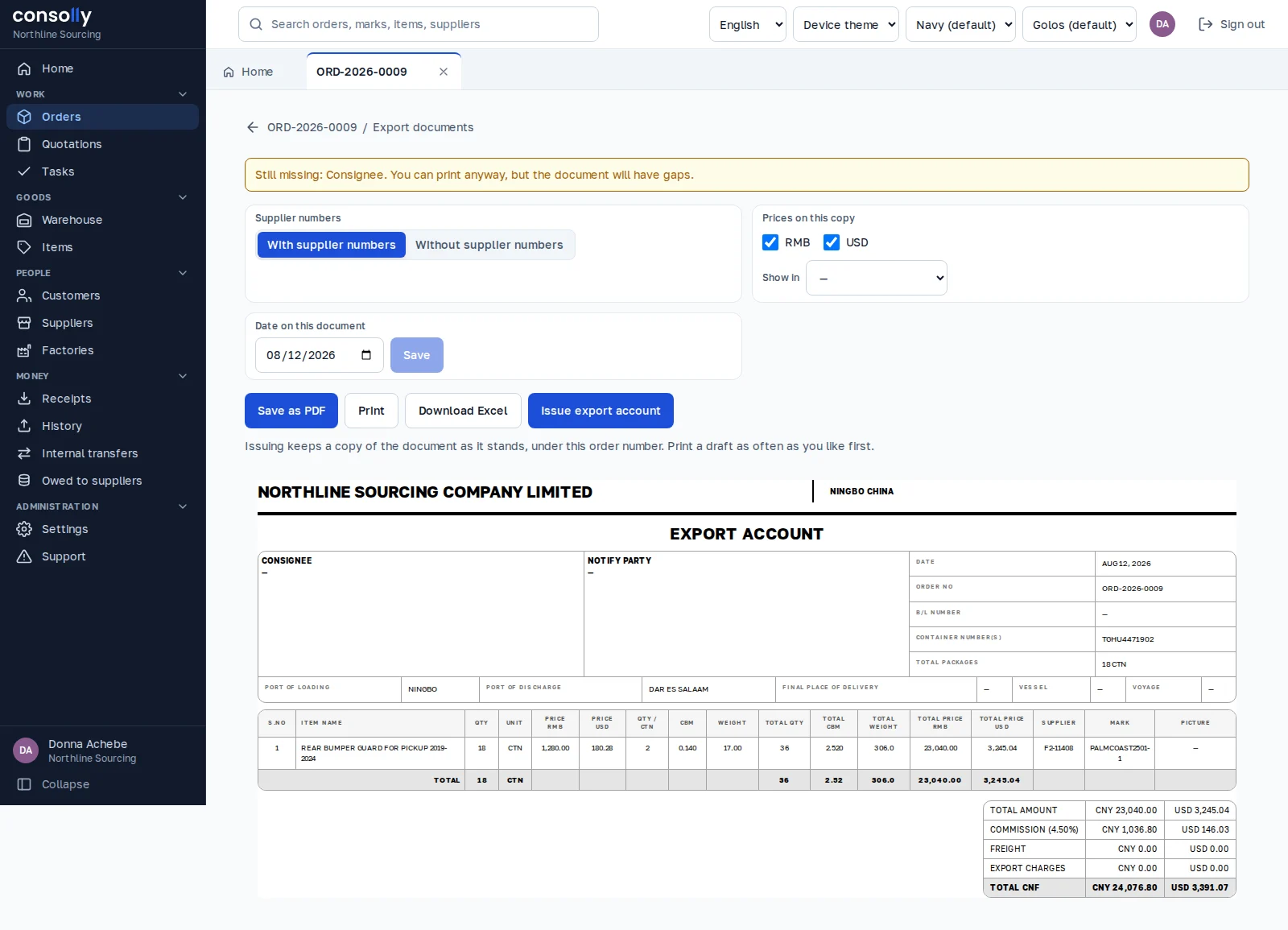 Container documents generated from the same shipment file